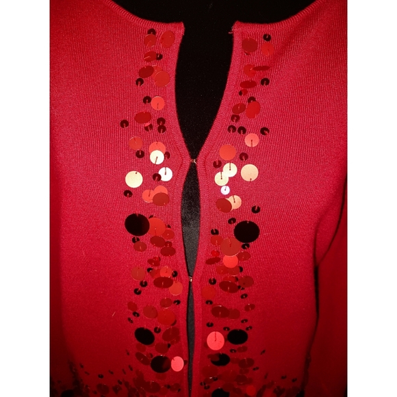 Ruby Rd. Red Sequin Detail Long Sleeve Knit Cardigan - Picture 9 of 16